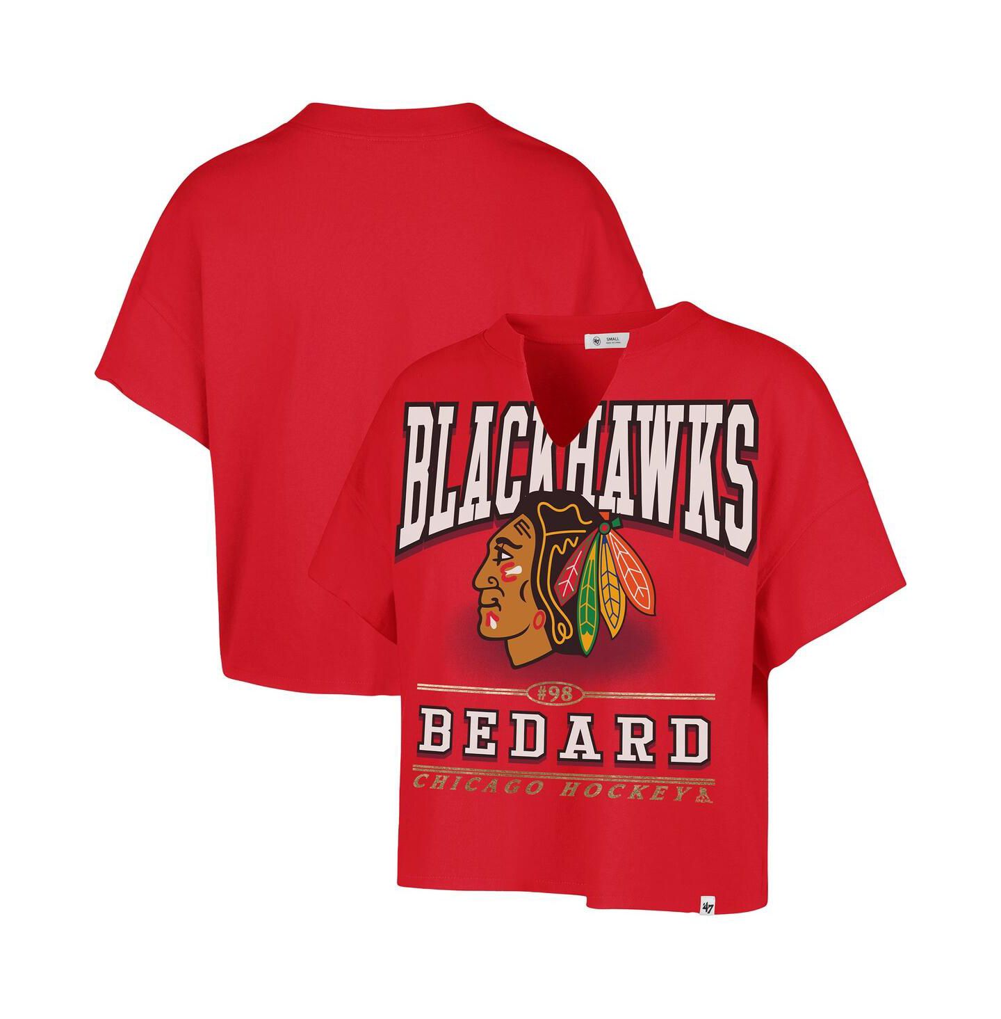 Женская футболка '47 Brand Connor Bedard Red Chicago Blackhawks Elation Name & Number Oversized Notch Neck — фото 1