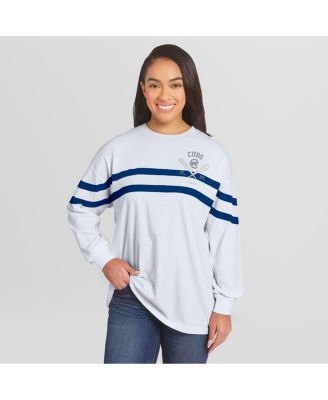 Women's White Chicago Cubs Oversized Long Sleeve Striped T-Shirt