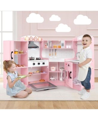Kids Wooden Corner Play Kitchen Set with Storage and Pretend Cooking Features