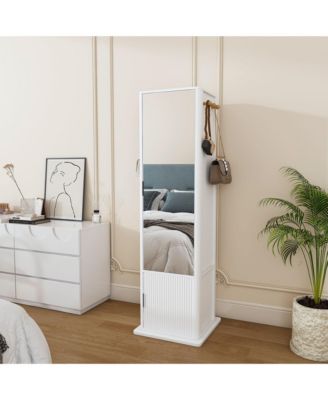 360° Rotating Jewelry Storage Cabinet - Standing Organizer with Coat Rack, Full-Length Mirror and Open & Hidden Shelves for Bedroom