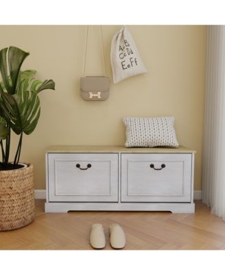 Shoe Storage Bench - Farmhouse Shoe Cabinet with 2 Flip Drawers and Adjustable Shelf, Freestanding Shoe Organizer for Entryway, Hallway