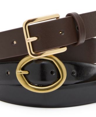 Feathered Edge Glazed Polyurethane Oval and Square Buckle 2-Piece Belt Set