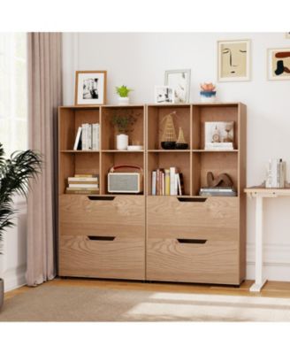 Tall Freestanding Bookcase with Drawers and Open Shelves