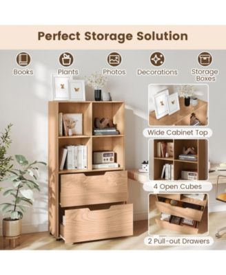 Tall Freestanding Bookcase with Drawers and Open Shelves