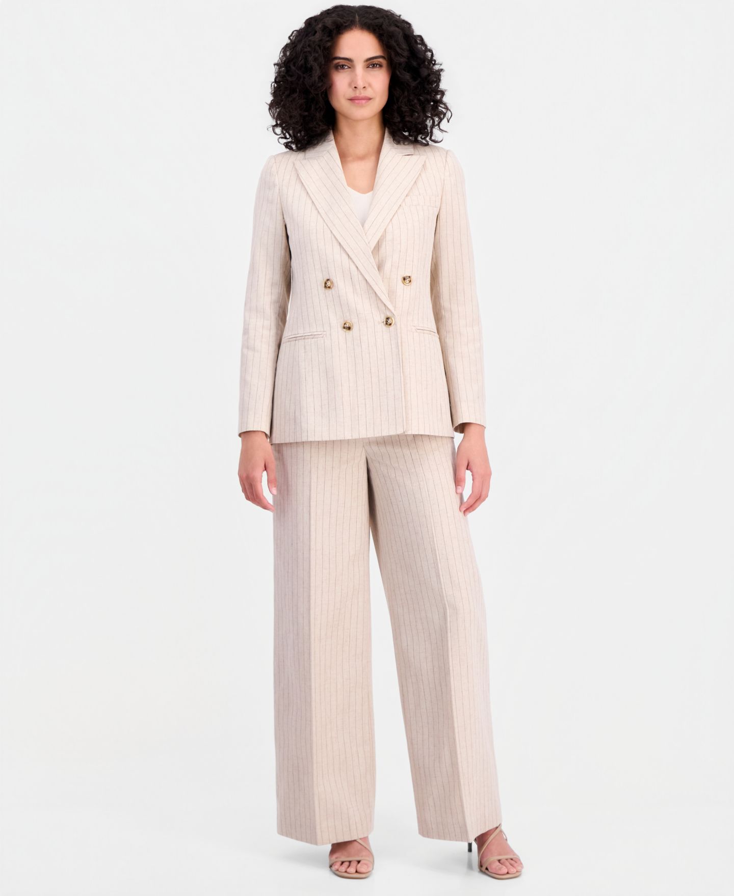 Женский пиджак Tahari ASL Pinstriped Double-Breasted Linen Blend Blazer, цвет: Дюнный тёмно-коричневый — фото 2