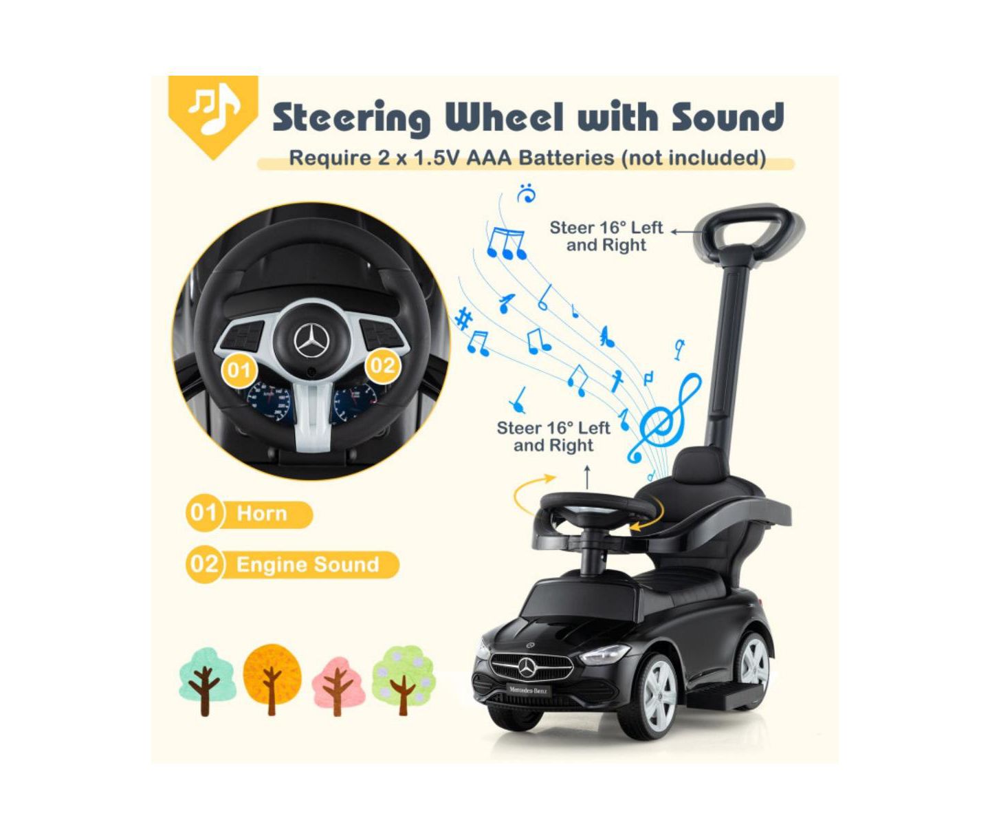 Детская игрушка HONGGE 3-in-1 Licensed Push Ride-On Car with Canopy, 33"L x 15.5"W x 35.5"H, 1-Player, Ages 18-36 Months, цвет: Чёрный — фото 6