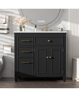 36" Bathroom Vanity with Ceramic Sink, Freestanding Cabinet with Tip-Out & Side Drawers, Adjustable Shelf, Modern Storage