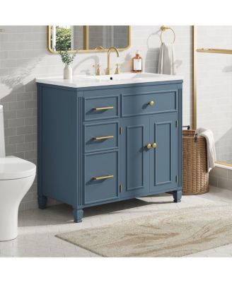 36" Bathroom Vanity with Ceramic Sink, Freestanding Cabinet with Tip-Out & Side Drawers, Adjustable Shelf, Modern Storage.