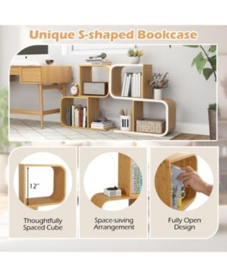 2-Tier S-Shaped Bamboo Bookcase with 2 Open Cubes for Living Room