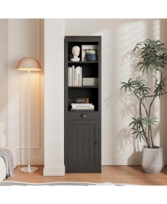 Narrow Bookcase with Drawer, 71" Tall, 3-Tier Shelves and Door, Wooden Storage Cabinet for Living Room, Office, Bedroom