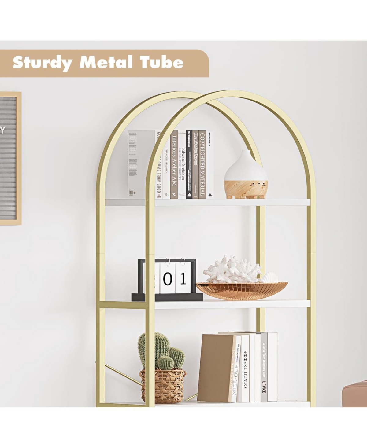 gaomon 5-Tier Modern Arched Bookshelf, Tall Metal Bookcase, Marble Veneer, Vertical Display for Office or Living Room