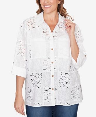 Plus Size Patchwork Eyelet Roll-Tab Sleeve Top