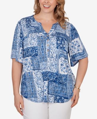 Plus Size Patchwork Bandana Henley T-Shirt