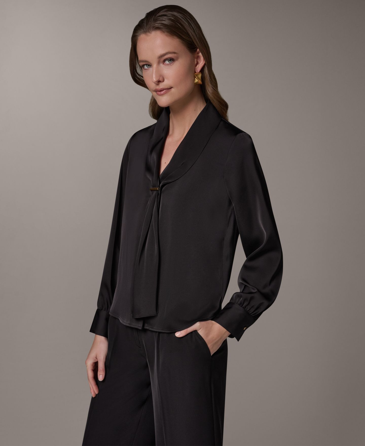 Женский топ Donna Karan New York с длинным рукавом и V-образным вырезом, для невысоких, цвет: Чёрный — фото 3