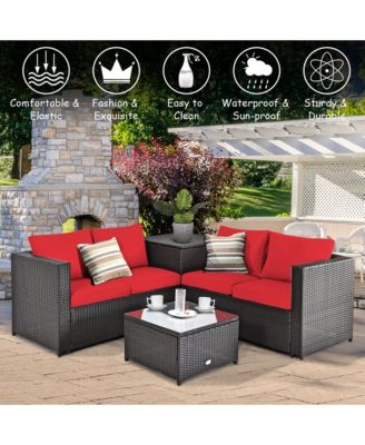 4PCS Cushioned Rattan Patio Conversation Set w/ Side Table Cushion