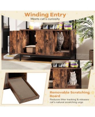 57'' Cat Litter Box Enclosure w/ Storage 2-tier Shelves Removable Scratcher