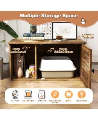 Cat Litter Box Enclosure w/ Winding Entry Louvered Door Wooden Pet Side Table