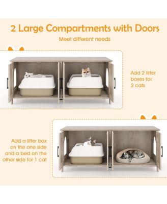 Cat Litter Box Enclosure for 2 Cats w/ Double Rooms Wooden Cat Washroom Cabinet