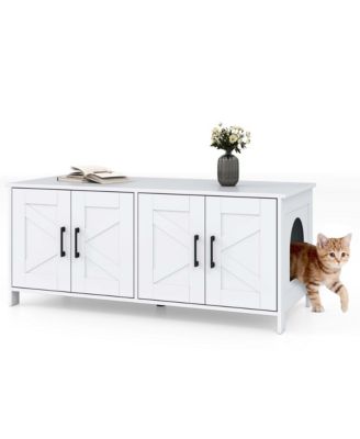 Cat Litter Box Enclosure for 2 Cats w/ Double Rooms Wooden Cat Washroom Cabinet