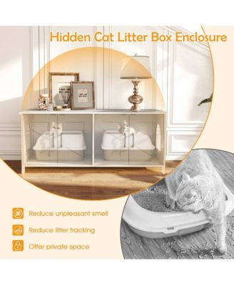 Cat Litter Box Enclosure for 2 Cats w/ Double Rooms Wooden Cat Washroom Cabinet