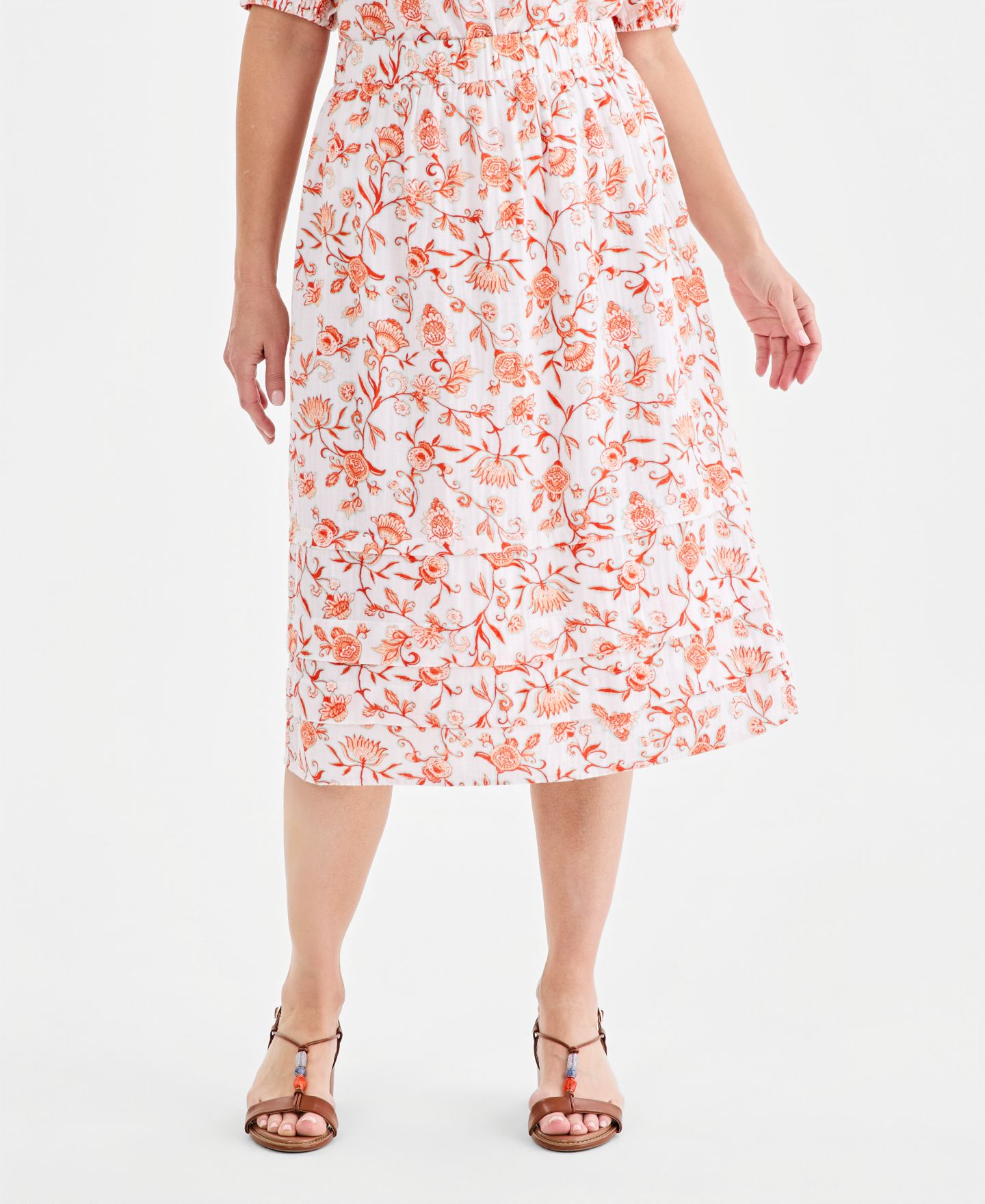 Женская юбка Style & Co Printed Cotton Gauze Pull-On Midi, цвет: Оранжевый с принтом — фото 3