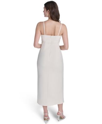 white semi formal midi dress Zapaka Women Midi Ivory Work Dress with Belt Round Neck A Line Long Sleeves Semi Formal Dress, Ivory / L