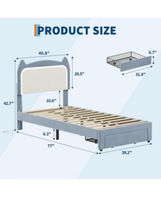 Twin Upholstered LED Bed Frame with Storage Drawer and Cat Headboard, Velvet Princess Platform Bed for Kids