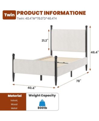 Twin Bed Frame with Velvet Headboard, Upholstered Corduroy Platform, Wood Slats Support