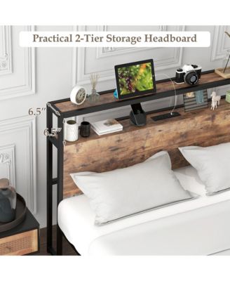 Industrial Platform Bed Frame with Charging Station Storage Headboard