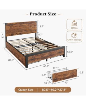 Wood Bed Frame with 4 Storage Drawers, Vintage Platform with Metal Support, Wooden Headboard and Footboard, No Box Spring
