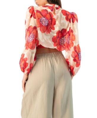 Women's Shimmering Printed Blouse with Pleated Round Neck