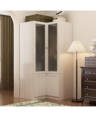 Corner Wardrobe Closet with 2 Glass Doors, Armoire with Hanging Rod