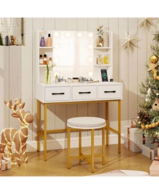 Vanity Desk with Mirror Lights and Cushioned Stool Set