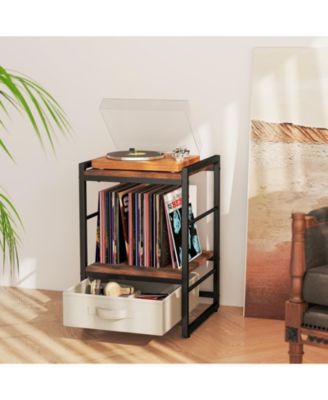 Industrial Nightstand with Fabric Drawer and Open Storage Shelf