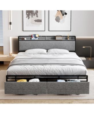 Platform Bed Frame with Storage Drawers and USB Ports, Upholstered Headboard, Sturdy, Noise-Free, No Box Spring Needed