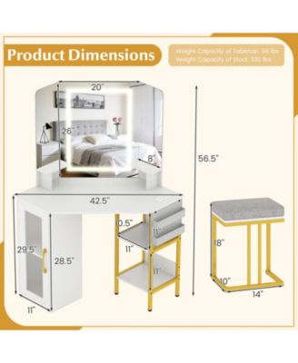 Corner Vanity Desk with Triple Mirror and Lights