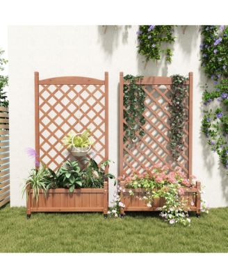 2 Pack Raised Garden Bed with Trellis, Outdoor Wooden Planter Box & Plant Stand with Climbing Racks