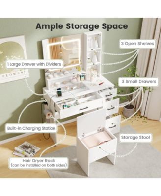Dressing Desk with Adjustable Lighting and Hair Dryer Stand