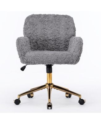 Faux Fur Home Office Chair, Adjustable Swivel Desk Chair, Upholstered Computer Chair with Wheels and Gold Base for Home Office