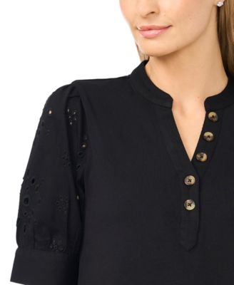 Women's Henley Puff-Sleeve Cotton Top