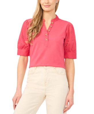 Women's Henley Puff-Sleeve Cotton Top