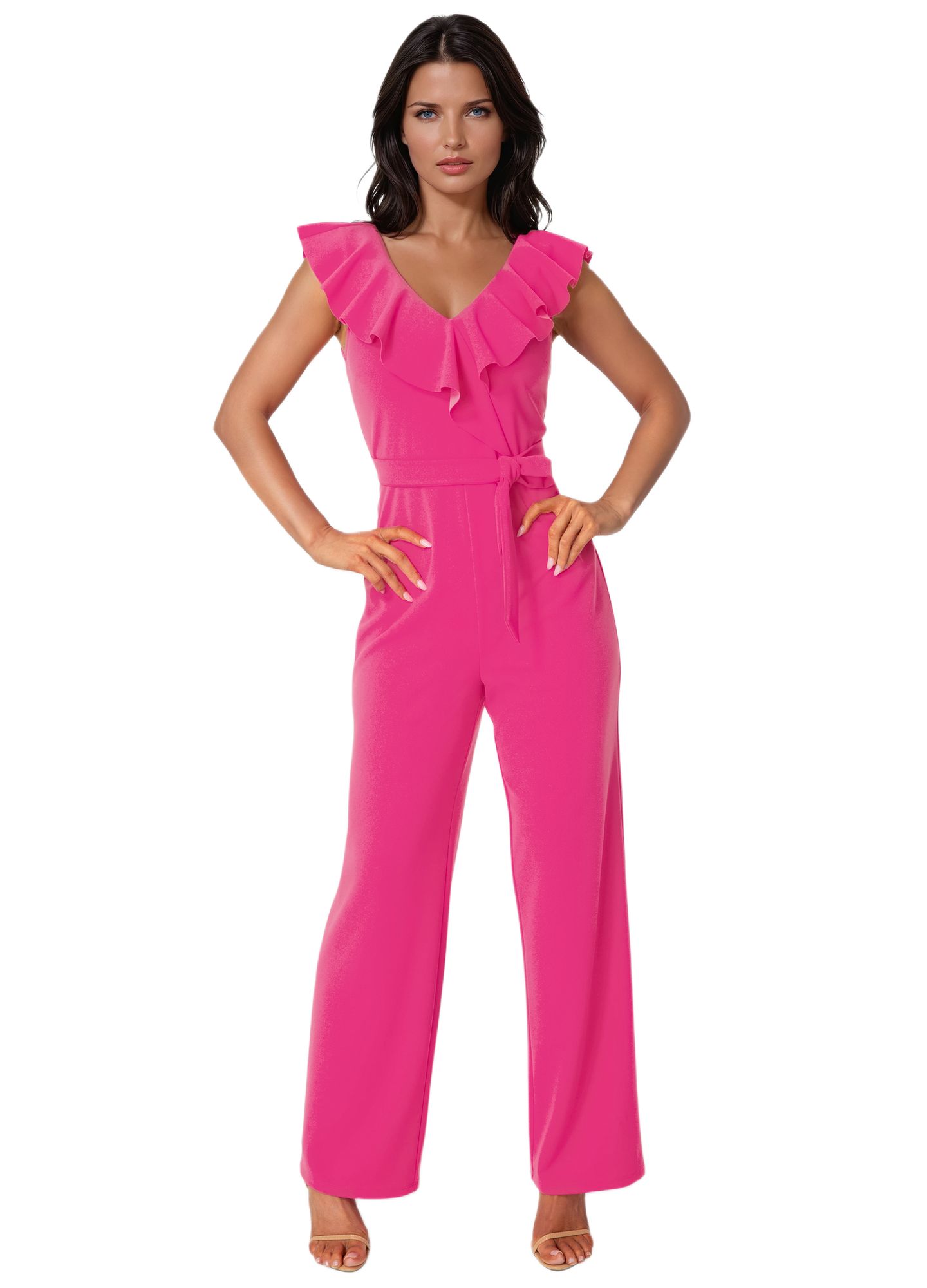 Женский комбинезон Bebe V-Neck Ruffle Scuba Crepe Jumpsuit, цвет: Фуксия — фото 1