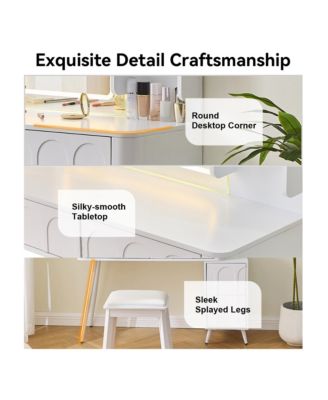 Modern Makeup Vanity Desk - 4 Drawer Dressing Table Set with Cushioned Stool, LED Lighted Mirror for Bedroom