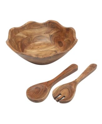 Sandhurst 3-Piece Acacia Wood Salad Bowl Set – 12-Inch Scalloped Serving Bowl with Wooden Salad Servers