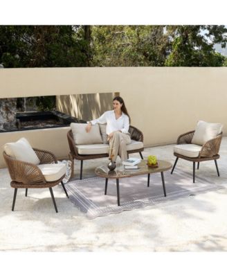 4-Piece Outdoor Wicker Patio Conversation Seating Set with Coffee Table, Weather-Resistant Cushions, Patio Furniture Set for Garden, Deck