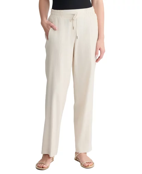 Petite Mid-Rise Welt Pocket Linen Long Casual Pants - Natural Stone
