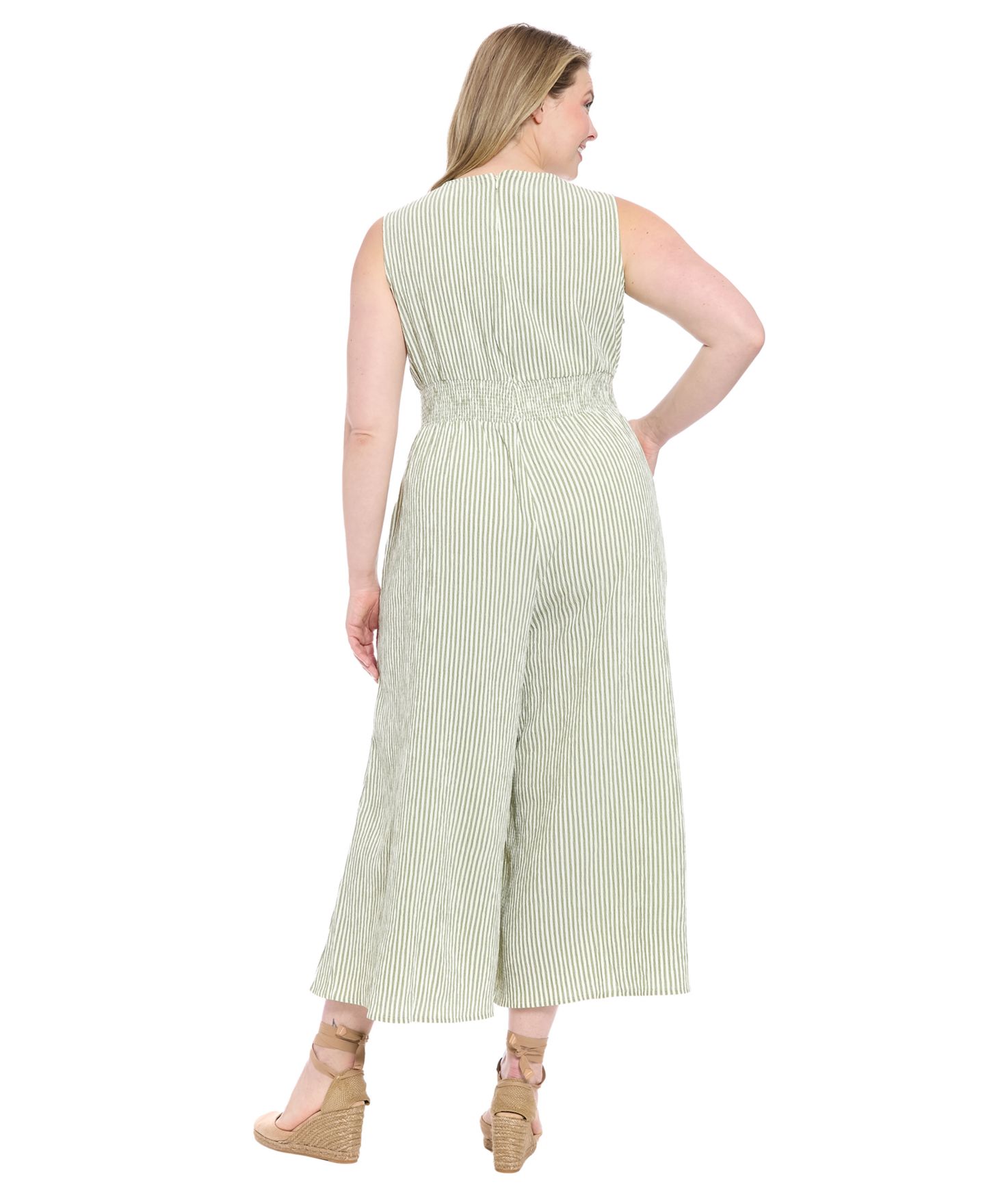 Женский комбинезон London Times Plus Size Sleeveless Crewneck Jumpsuit, цвет: Оливковый / Слоновая кость — фото 4
