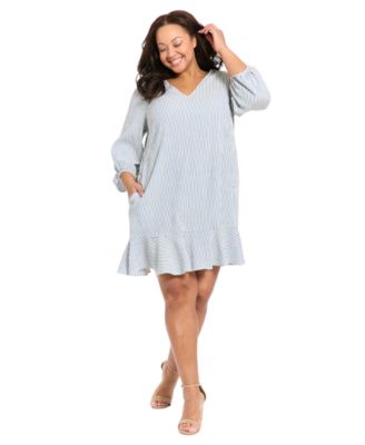 Plus Size 3/4-Length-Sleeves V-Neck Shift Dress