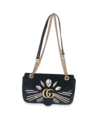 Black Velvet Crystal Embellished Medium GG Marmont Shoulder Bag
