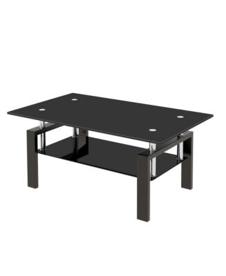 Rectangle 2-Tier Glass Coffee Table, Modern Small Center Table with Storage and Metal Legs for Living Room, Home Office